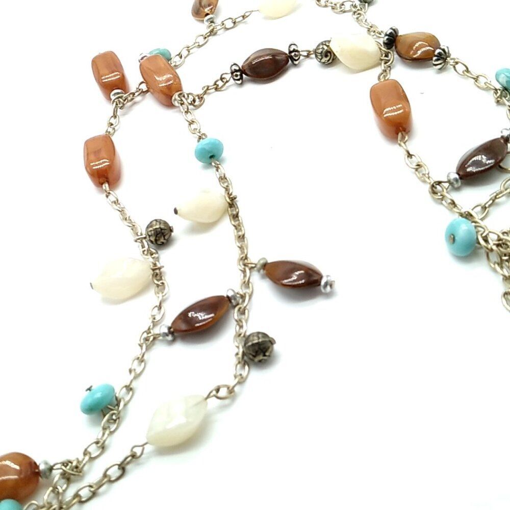 Long Acrylic Beaded Necklace Multicolored Beads on Gold-tone Chain